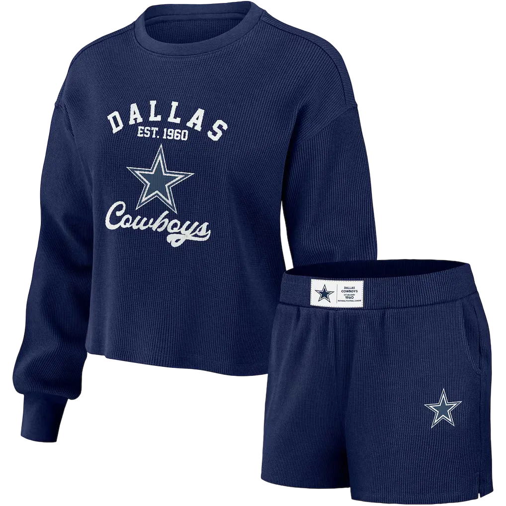 Women's WEAR by Erin Andrews Navy Dallas Cowboys Waffle Knit Long Sleeve T-Shirt & Shorts Lounge Set