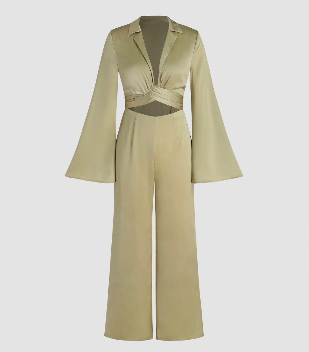 SATIN BELL SLEEVE CUT OUT CROSS JUMPSUIT