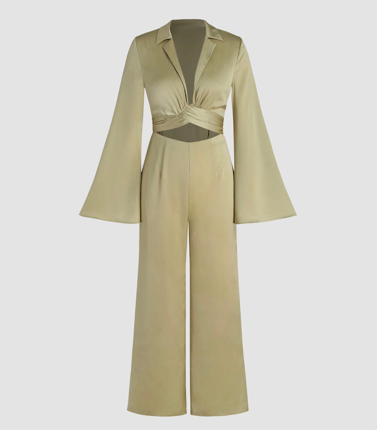 SATIN BELL SLEEVE CUT OUT CROSS JUMPSUIT