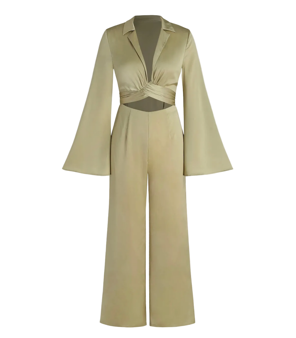 SATIN BELL SLEEVE CUT OUT CROSS JUMPSUIT