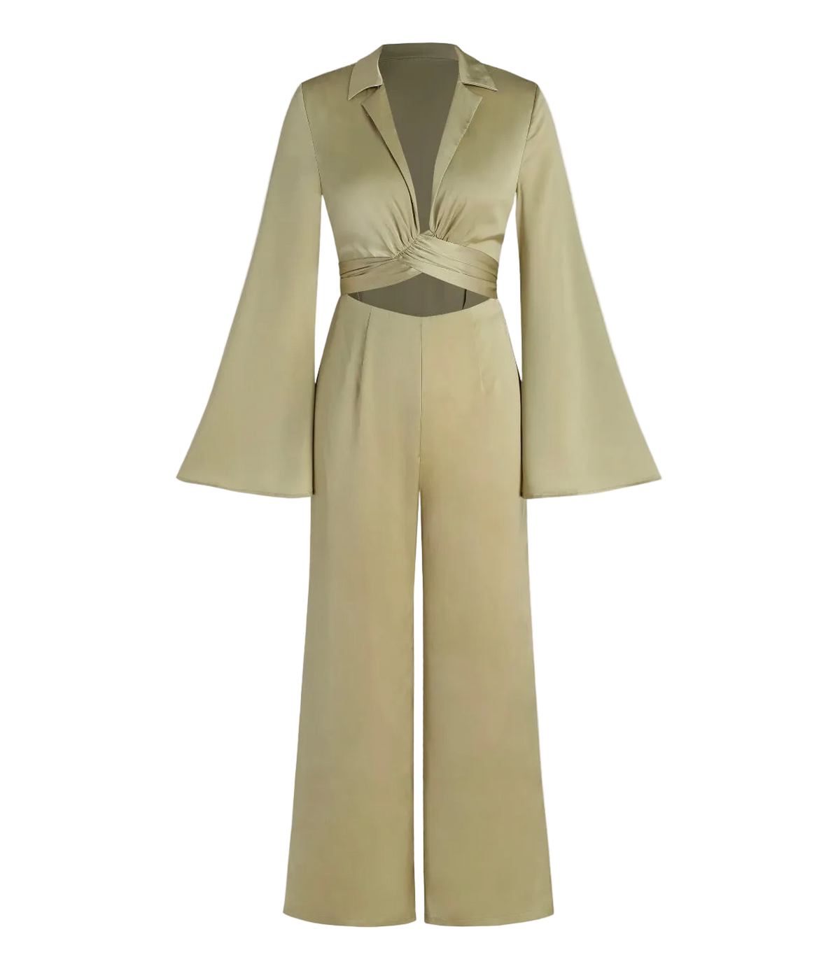 SATIN BELL SLEEVE CUT OUT CROSS JUMPSUIT
