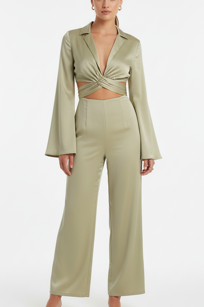 SATIN BELL SLEEVE CUT OUT CROSS JUMPSUIT