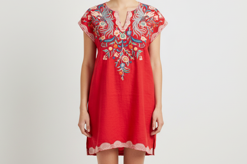 Johnny Was Red Embroidered Dress Small