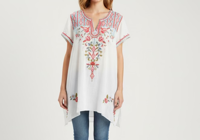 Johnny Was White Floral Embroidered High-Low Cyrielle Tunic Blouse Size Small