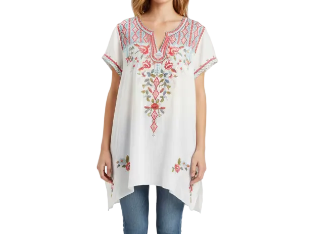 Johnny Was White Floral Embroidered High-Low Cyrielle Tunic Blouse Size Small