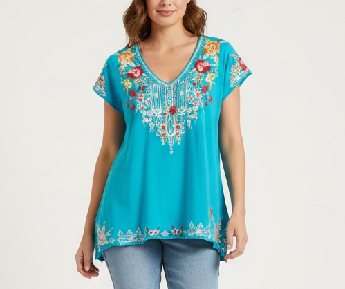 Johnny Was Blue Embroidered Top Small